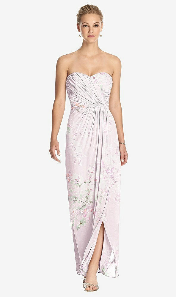 Front View - Watercolor Print Strapless Draped Chiffon Maxi Dress - Lila