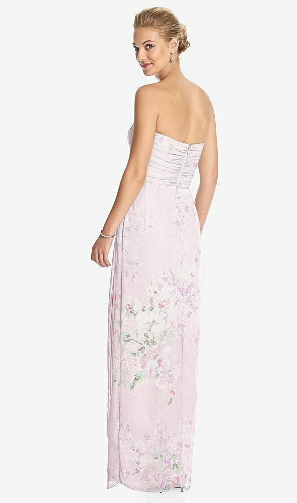 Back View - Watercolor Print Strapless Draped Chiffon Maxi Dress - Lila