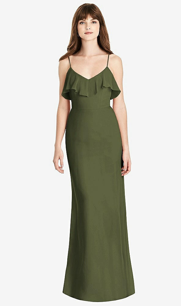 Front View - Olive Green Ruffle-Trimmed Backless Maxi Dress