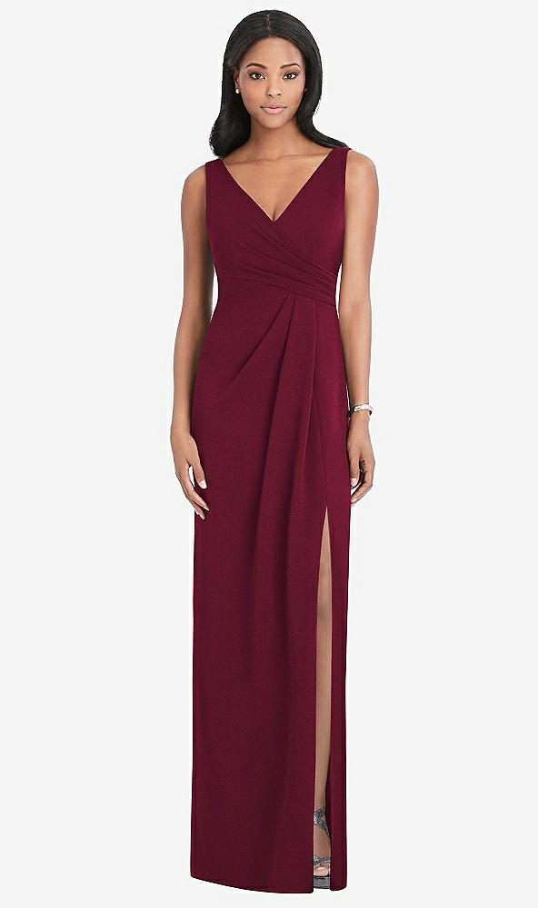 Front View - Cabernet Draped Wrap Maxi Dress with Front Slit - Sena