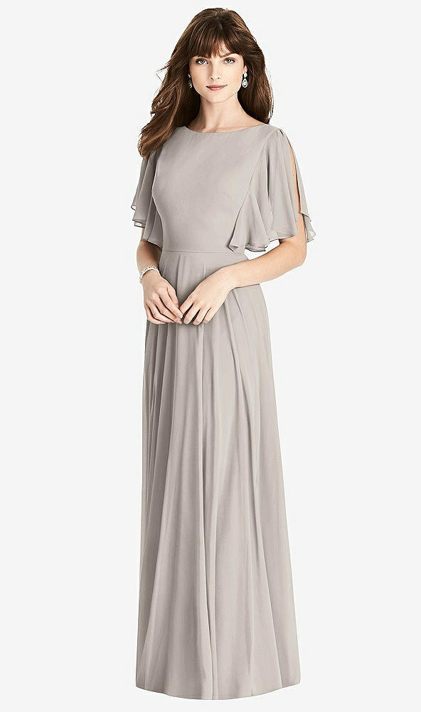 Back View - Taupe Split Sleeve Backless Maxi Dress - Lila