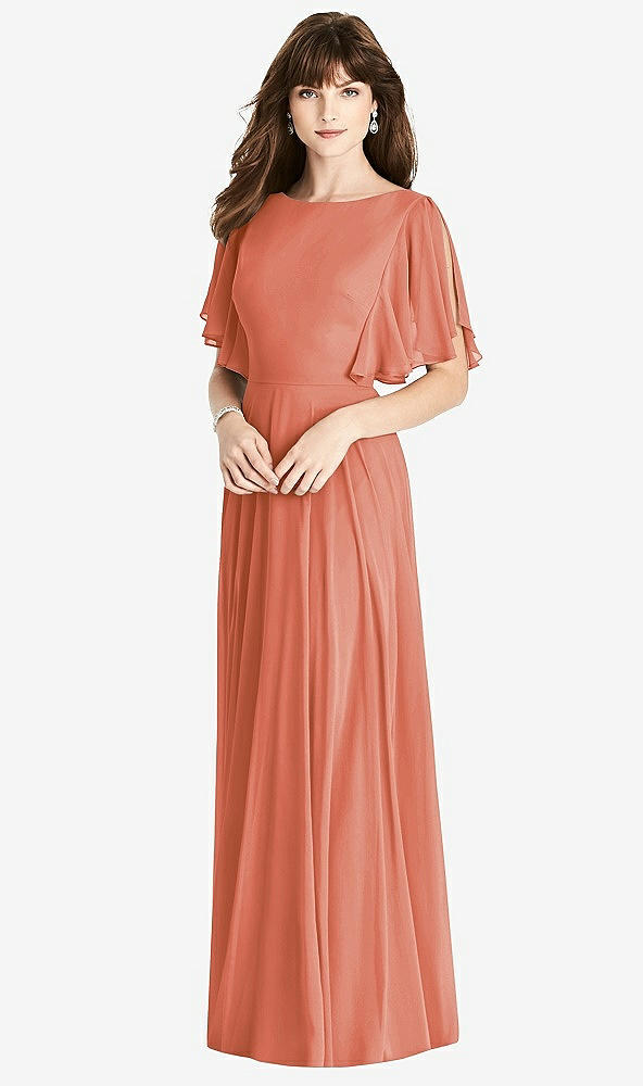 Back View - Terracotta Copper Split Sleeve Backless Maxi Dress - Lila