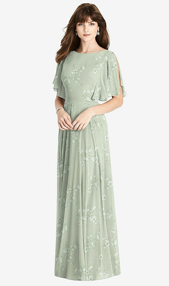 Back View - Vintage Primrose Sage Split Sleeve Backless Maxi Dress - Lila