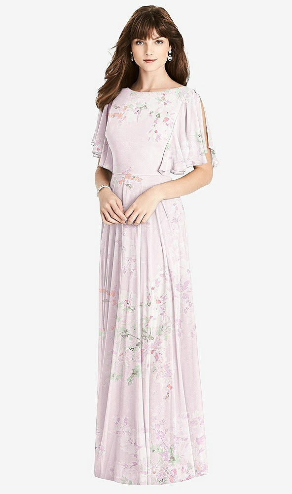 Back View - Watercolor Print Split Sleeve Backless Maxi Dress - Lila