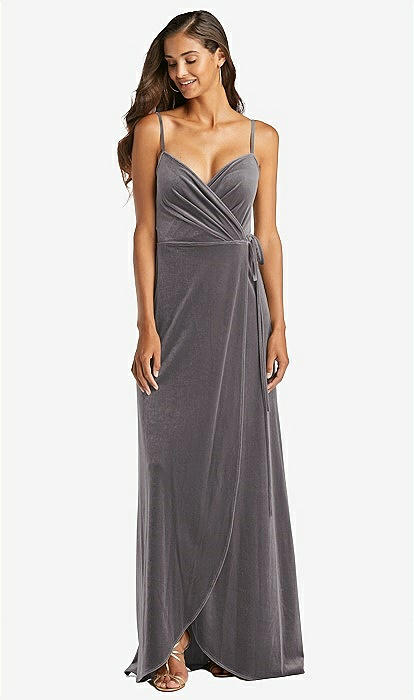 Velvet Wrap Maxi Bridesmaid Dress With Pockets In Caviar Gray The Dessy Group