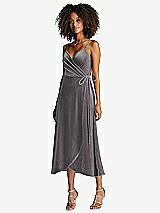 Front View Thumbnail - Caviar Gray Velvet Midi Wrap Dress with Pockets