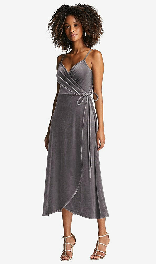 Front View - Caviar Gray Velvet Midi Wrap Dress with Pockets