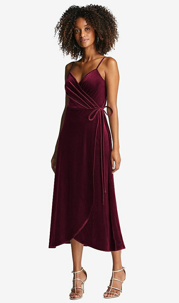 Front View - Cabernet Velvet Midi Wrap Dress with Pockets