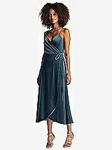 Front View Thumbnail - Dutch Blue Velvet Midi Wrap Dress with Pockets