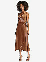 Front View Thumbnail - Golden Almond Velvet Midi Wrap Dress with Pockets