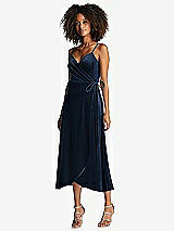 Front View Thumbnail - Midnight Navy Velvet Midi Wrap Dress with Pockets