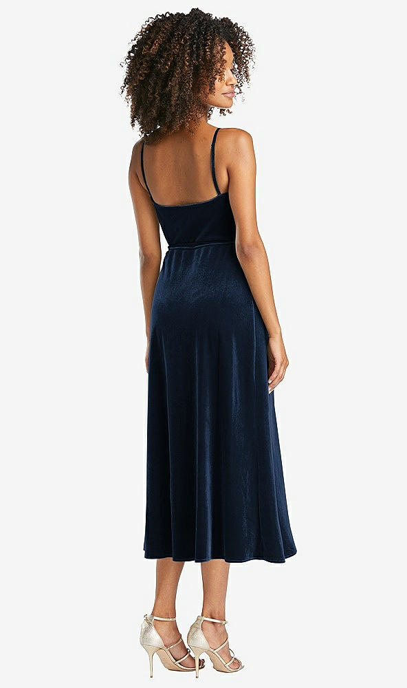 Back View - Midnight Navy Velvet Midi Wrap Dress with Pockets