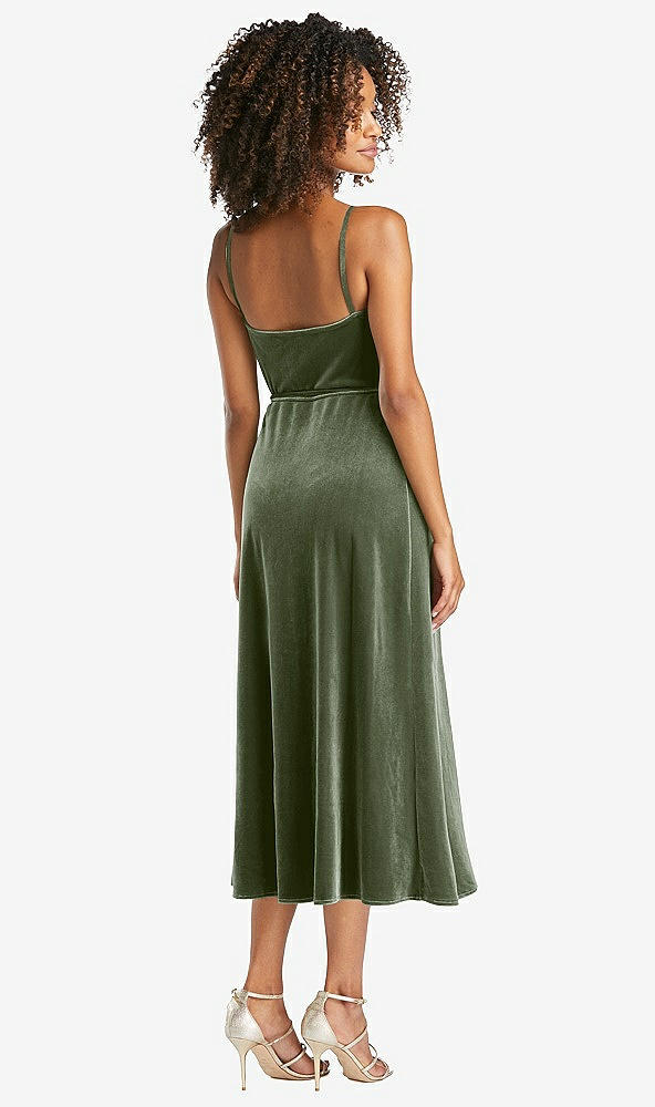 Back View - Sage Velvet Midi Wrap Dress with Pockets