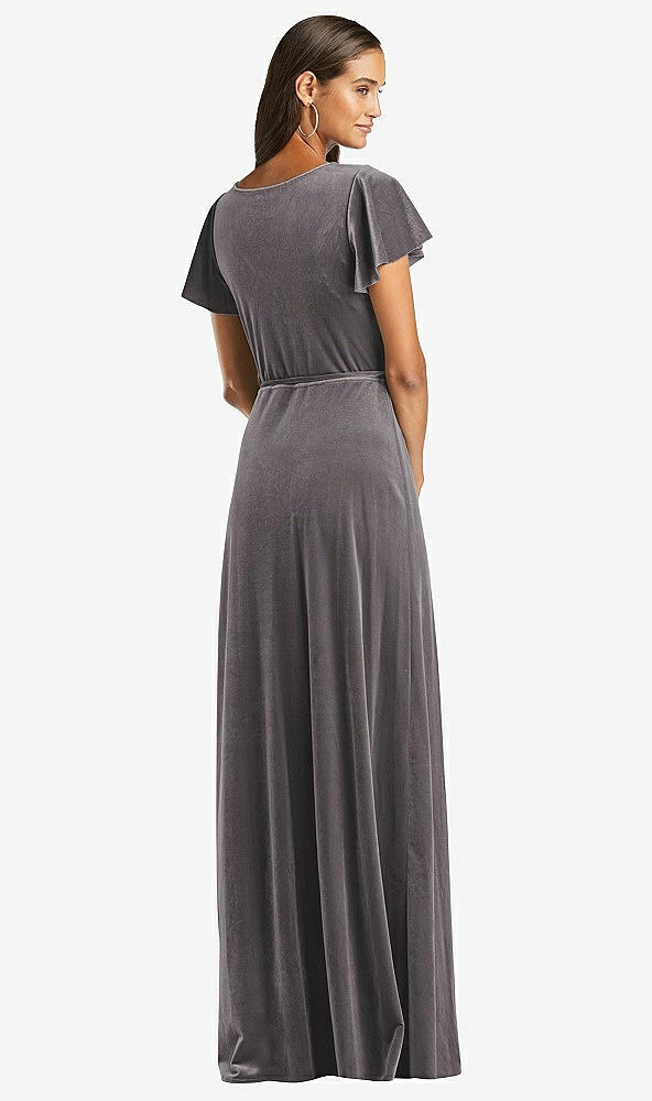 Back View - Caviar Gray Flutter Sleeve Velvet Wrap Maxi Dress with Pockets