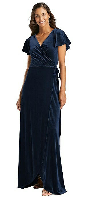 Flutter Sleeve Velvet Wrap Maxi Dress with Pockets