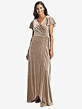 Front View Thumbnail - Topaz Flutter Sleeve Velvet Wrap Maxi Dress with Pockets