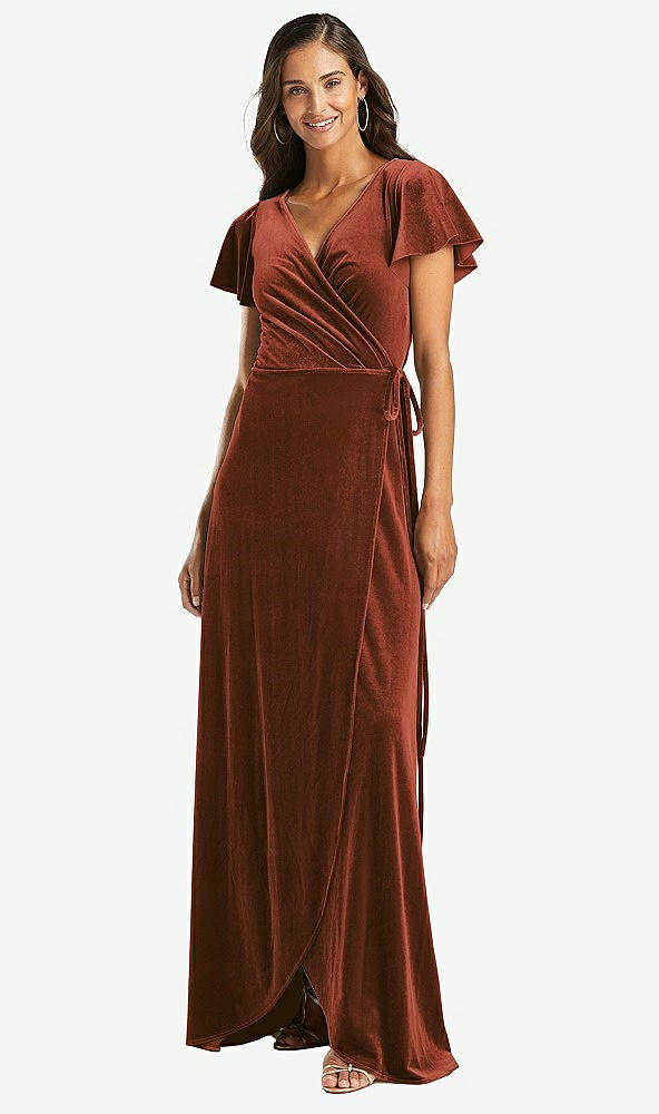 Front View - Auburn Moon Flutter Sleeve Velvet Wrap Maxi Dress with Pockets