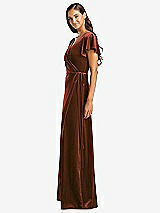 Side View Thumbnail - Auburn Moon Flutter Sleeve Velvet Wrap Maxi Dress with Pockets