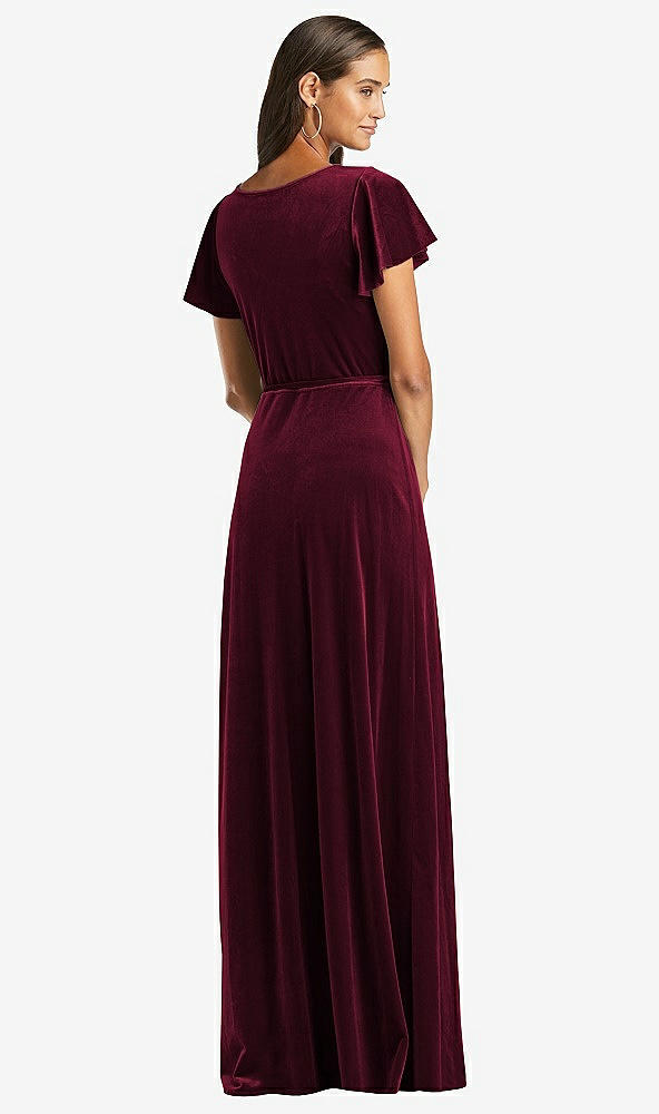 Back View - Cabernet Flutter Sleeve Velvet Wrap Maxi Dress with Pockets