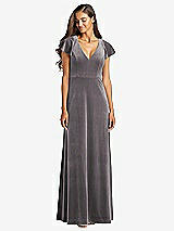 Front View Thumbnail - Caviar Gray Flutter Sleeve Velvet Maxi Dress with Pockets