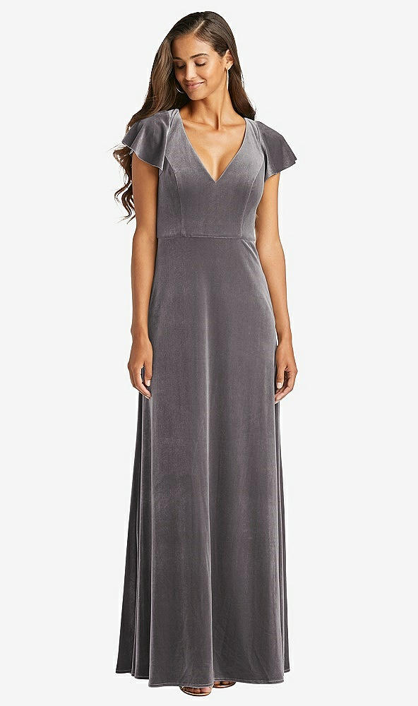 Front View - Caviar Gray Flutter Sleeve Velvet Maxi Dress with Pockets