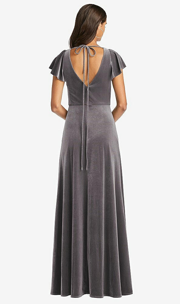 Back View - Caviar Gray Flutter Sleeve Velvet Maxi Dress with Pockets