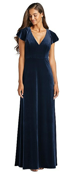 Flutter Sleeve Velvet Maxi Dress with Pockets