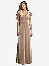 Front View Thumbnail - Topaz Flutter Sleeve Velvet Maxi Dress with Pockets