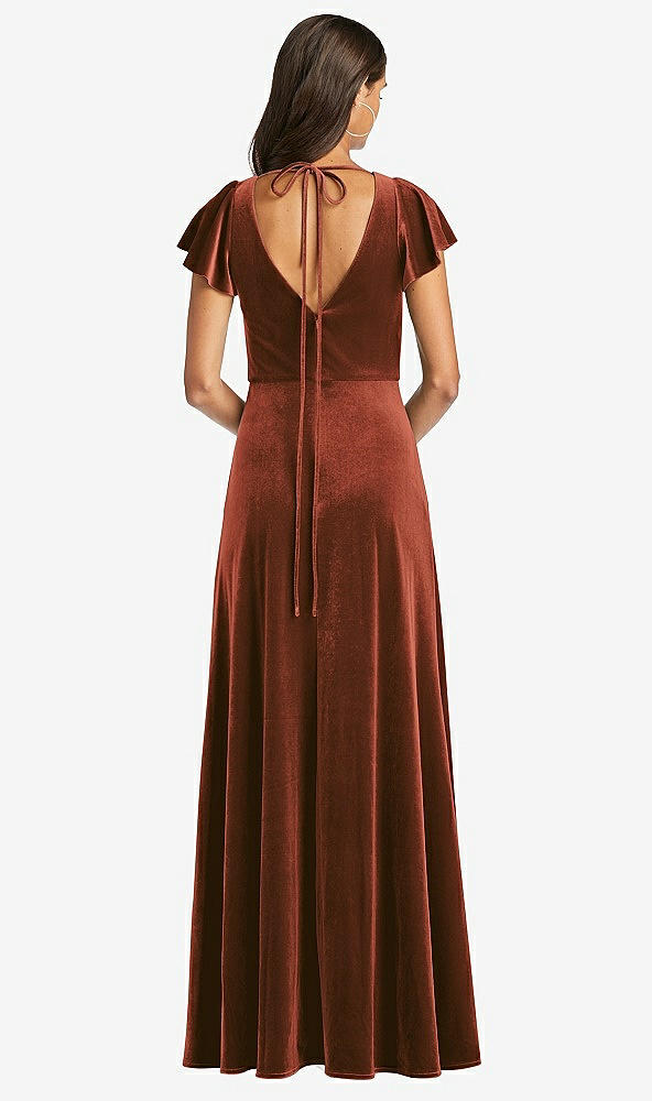 Back View - Auburn Moon Flutter Sleeve Velvet Maxi Dress with Pockets