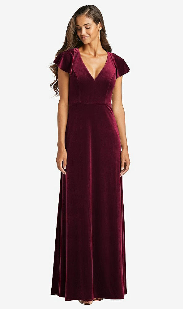 Front View - Cabernet Flutter Sleeve Velvet Maxi Dress with Pockets