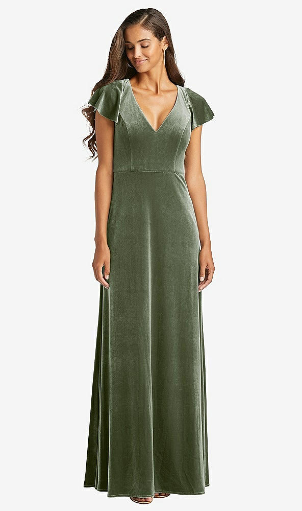 Front View - Sage Flutter Sleeve Velvet Maxi Dress with Pockets