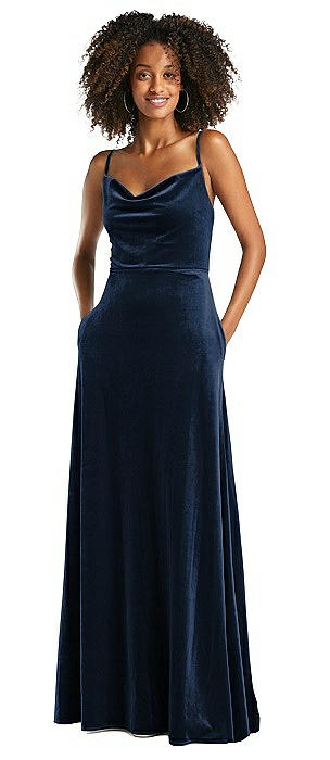 Cowl-Neck Velvet Maxi Dress with Pockets