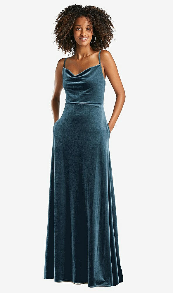 Front View - Dutch Blue Cowl-Neck Velvet Maxi Dress with Pockets