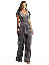 Alt View 1 Thumbnail - Caviar Gray Flutter Sleeve Velvet Jumpsuit with Pockets