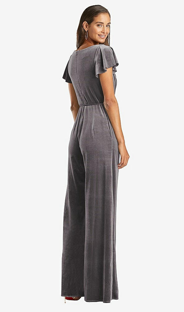 Back View - Caviar Gray Flutter Sleeve Velvet Jumpsuit with Pockets