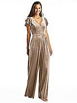 Alt View 1 Thumbnail - Topaz Flutter Sleeve Velvet Jumpsuit with Pockets