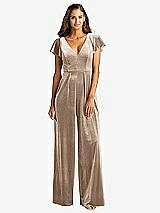 Front View Thumbnail - Topaz Flutter Sleeve Velvet Jumpsuit with Pockets