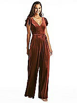 Alt View 1 Thumbnail - Auburn Moon Flutter Sleeve Velvet Jumpsuit with Pockets