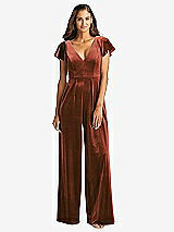 Front View Thumbnail - Auburn Moon Flutter Sleeve Velvet Jumpsuit with Pockets