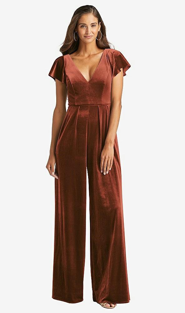 Front View - Auburn Moon Flutter Sleeve Velvet Jumpsuit with Pockets