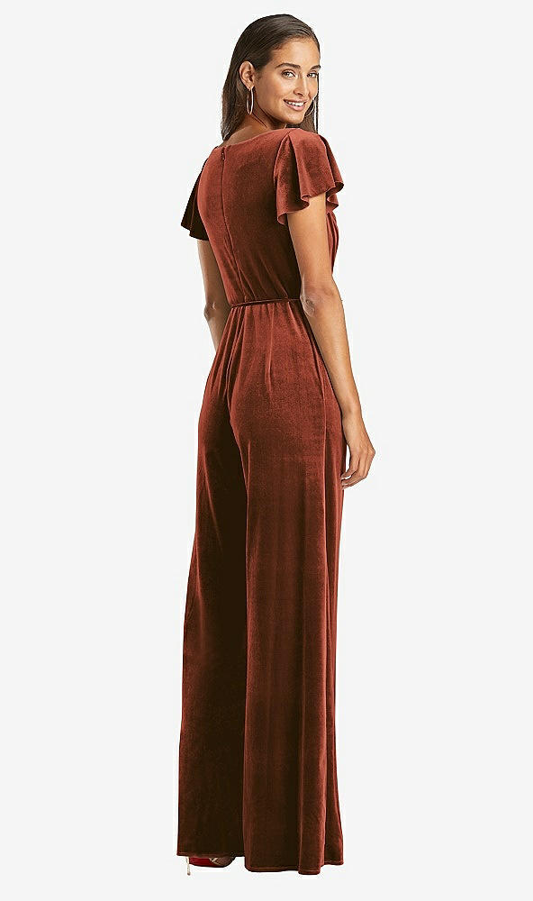 Back View - Auburn Moon Flutter Sleeve Velvet Jumpsuit with Pockets