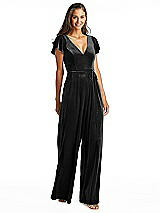 Alt View 1 Thumbnail - Black Flutter Sleeve Velvet Jumpsuit with Pockets