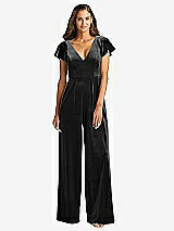 Front View Thumbnail - Black Flutter Sleeve Velvet Jumpsuit with Pockets