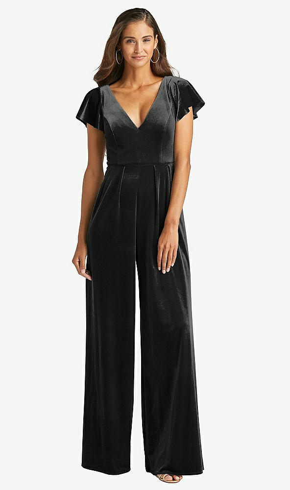 Front View - Black Flutter Sleeve Velvet Jumpsuit with Pockets