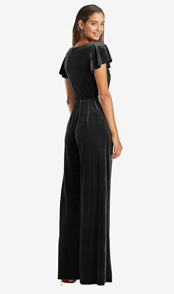 Back View - Black Flutter Sleeve Velvet Jumpsuit with Pockets