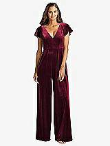 Front View Thumbnail - Cabernet Flutter Sleeve Velvet Jumpsuit with Pockets