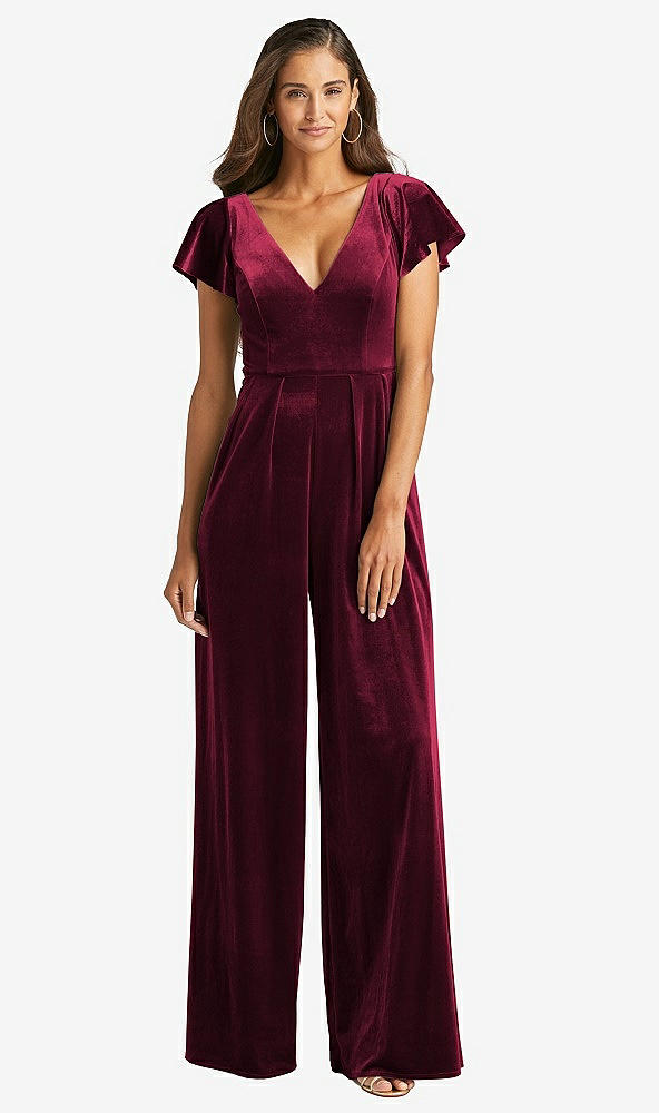 Front View - Cabernet Flutter Sleeve Velvet Jumpsuit with Pockets