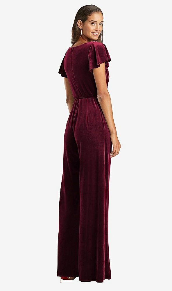 Back View - Cabernet Flutter Sleeve Velvet Jumpsuit with Pockets