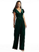 Alt View 1 Thumbnail - Evergreen Flutter Sleeve Velvet Jumpsuit with Pockets