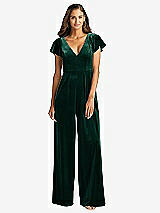 Front View Thumbnail - Evergreen Flutter Sleeve Velvet Jumpsuit with Pockets